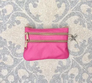 Small purse in hot PINK, genuine leather, 4 zippers. Fits credit cards, coins, bills. Magenta FUCHSIA leather wallet with DRAGONFLY charm