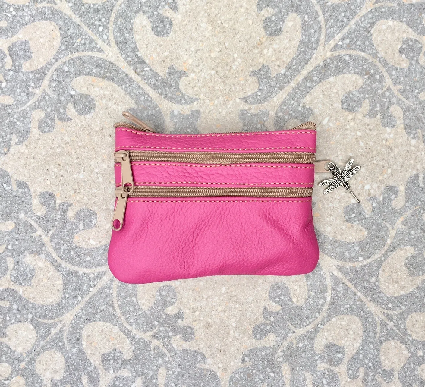 Small purse in hot PINK, genuine leather, 4 zippers. Fits credit cards, coins, bills. Magenta FUCHSIA leather wallet with DRAGONFLY charm