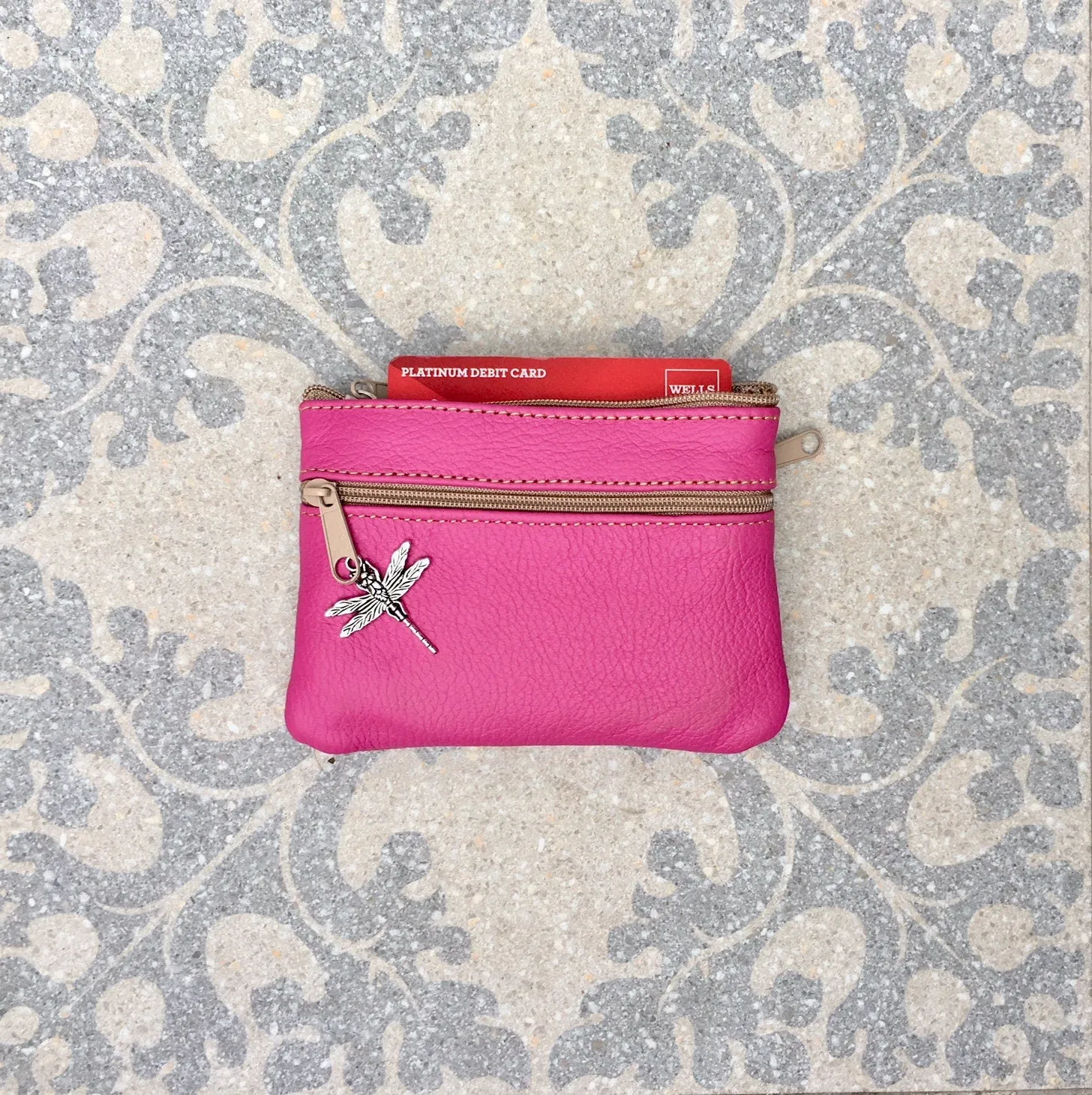 Small purse in hot PINK, genuine leather, 4 zippers. Fits credit cards, coins, bills. Magenta FUCHSIA leather wallet with DRAGONFLY charm