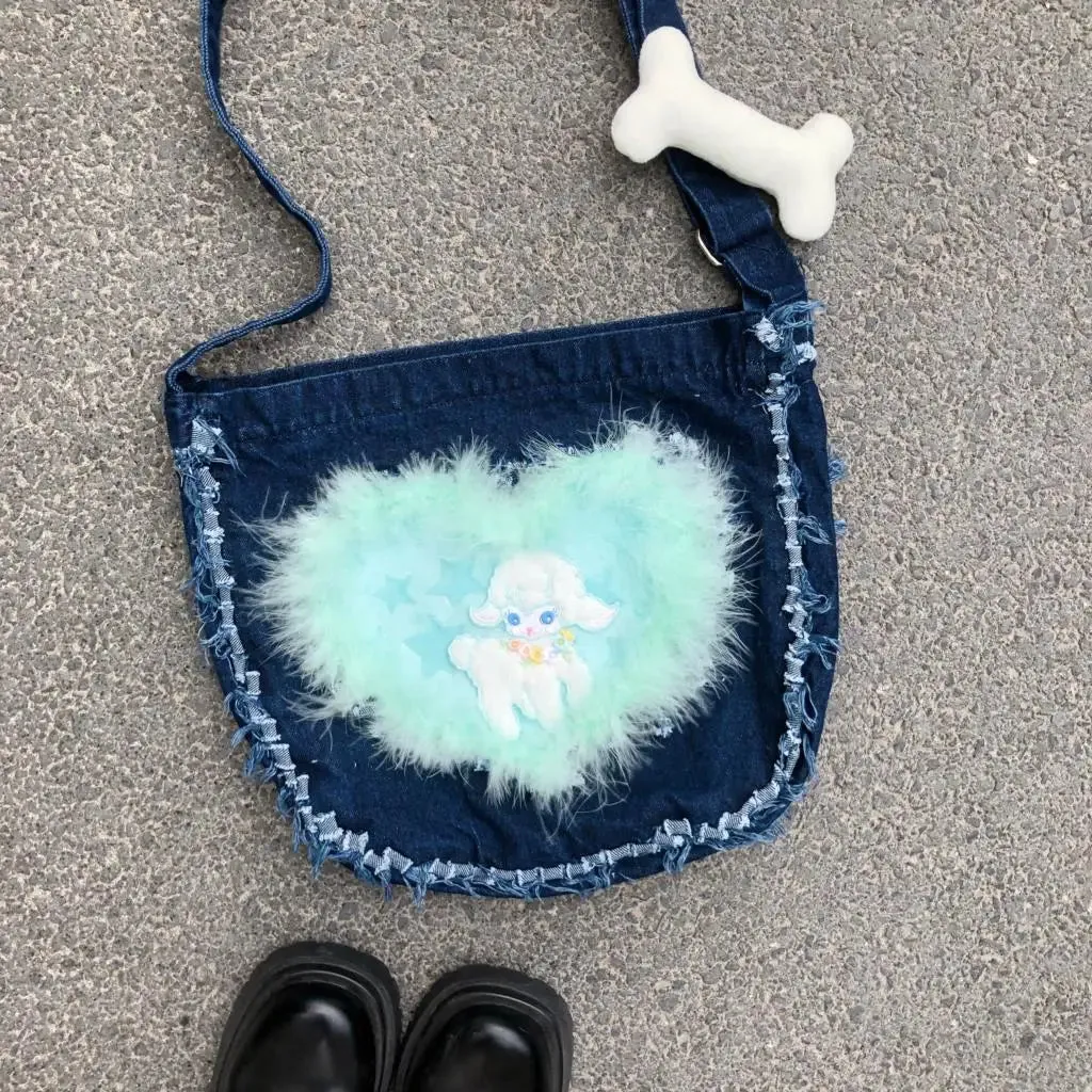 Sohiwoo Denim Y2k Crossbody Bags Women Vintage Plush Soft Patchwork Cartoon Casual Handbags Ladies Retro Harajuku Messenger Bag