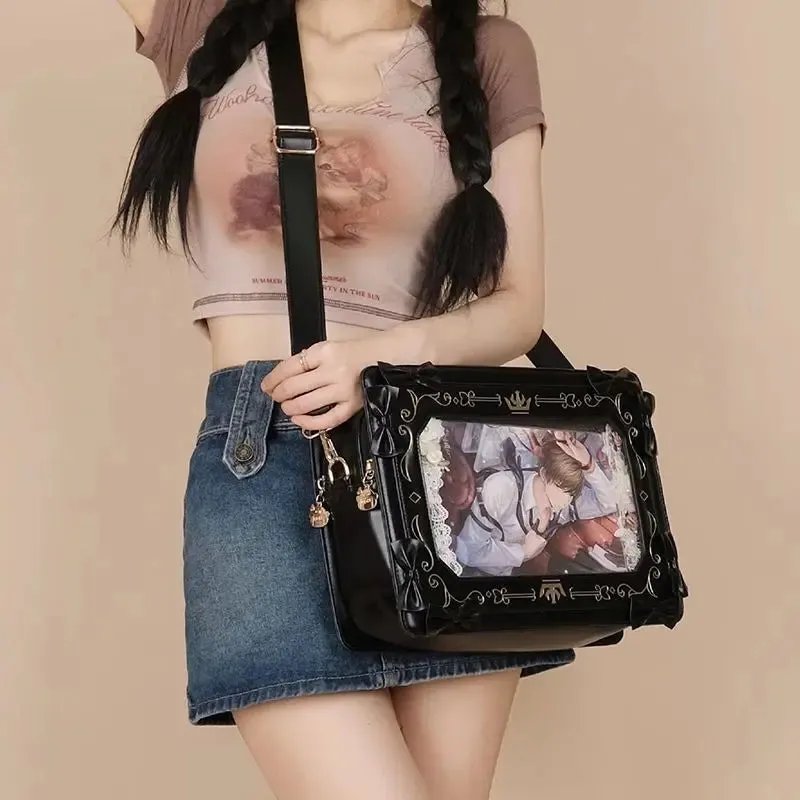 Sohiwoo Lolita Women Ita Bag Ctue Girl Transparent Shoulder Bag JK Uniform Subculture Kawaii Bow Crossbody Bag DIY Display Messenger Bag