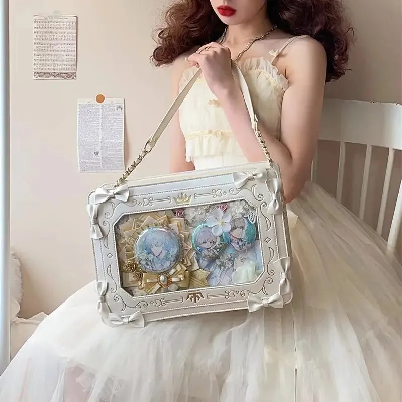 Sohiwoo Lolita Women Ita Bag Ctue Girl Transparent Shoulder Bag JK Uniform Subculture Kawaii Bow Crossbody Bag DIY Display Messenger Bag
