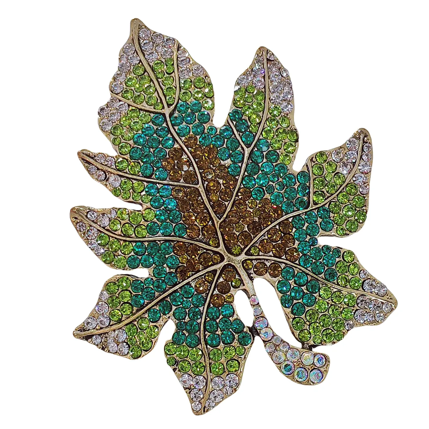Sparkles Statement Oversize Green Crystal Leaf Brooch Pin Costume Jewelry