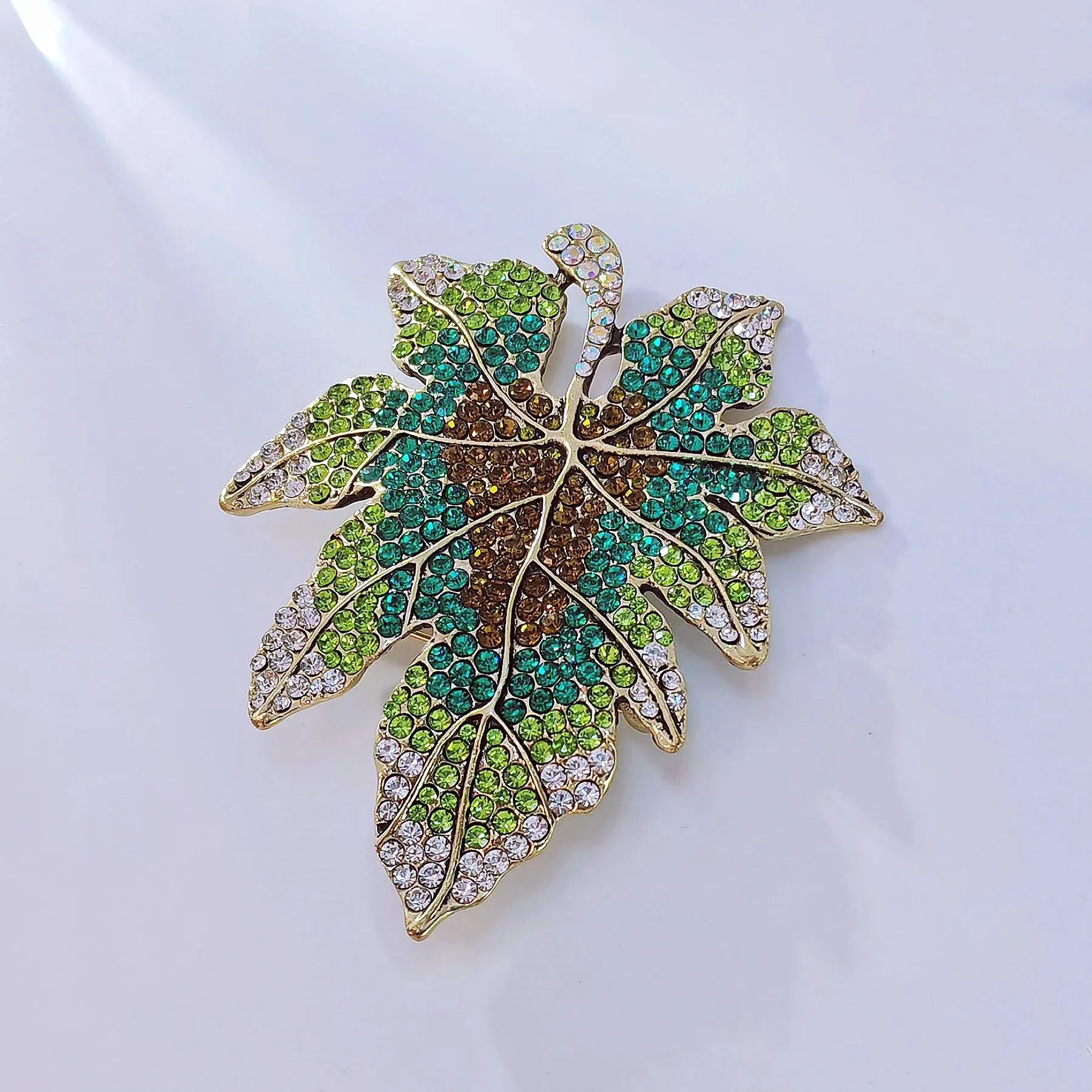 Sparkles Statement Oversize Green Crystal Leaf Brooch Pin Costume Jewelry