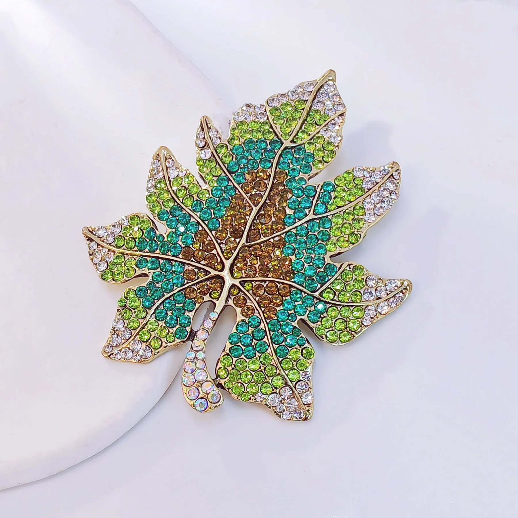 Sparkles Statement Oversize Green Crystal Leaf Brooch Pin Costume Jewelry