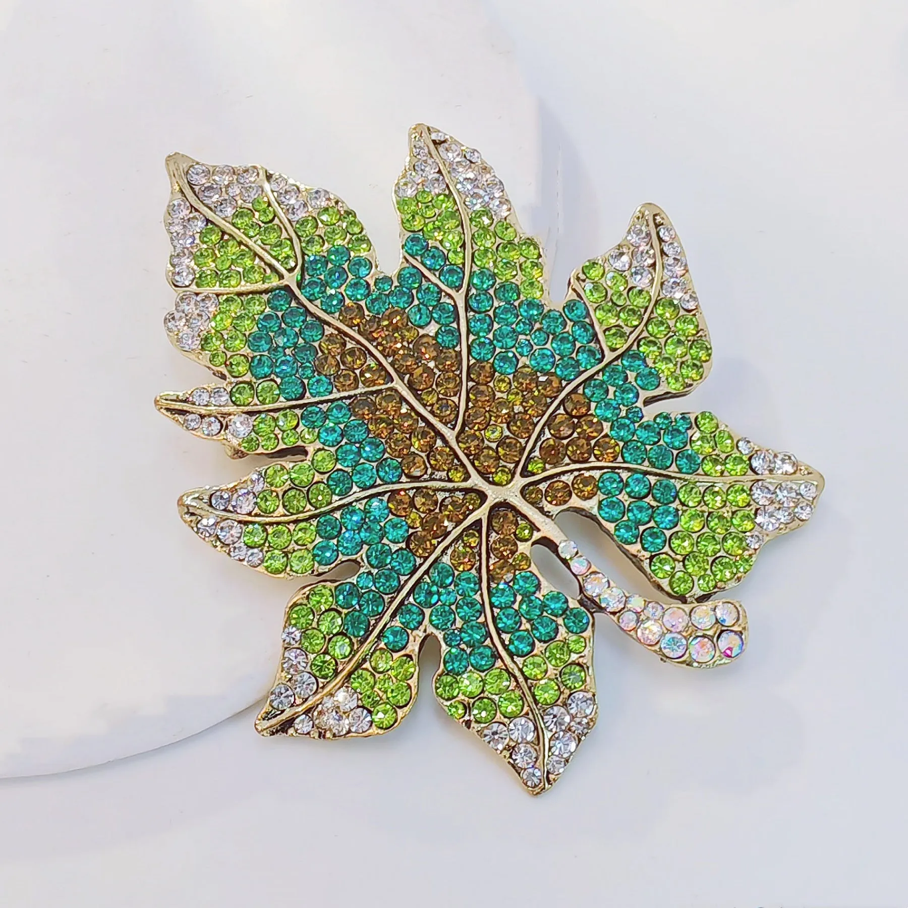 Sparkles Statement Oversize Green Crystal Leaf Brooch Pin Costume Jewelry