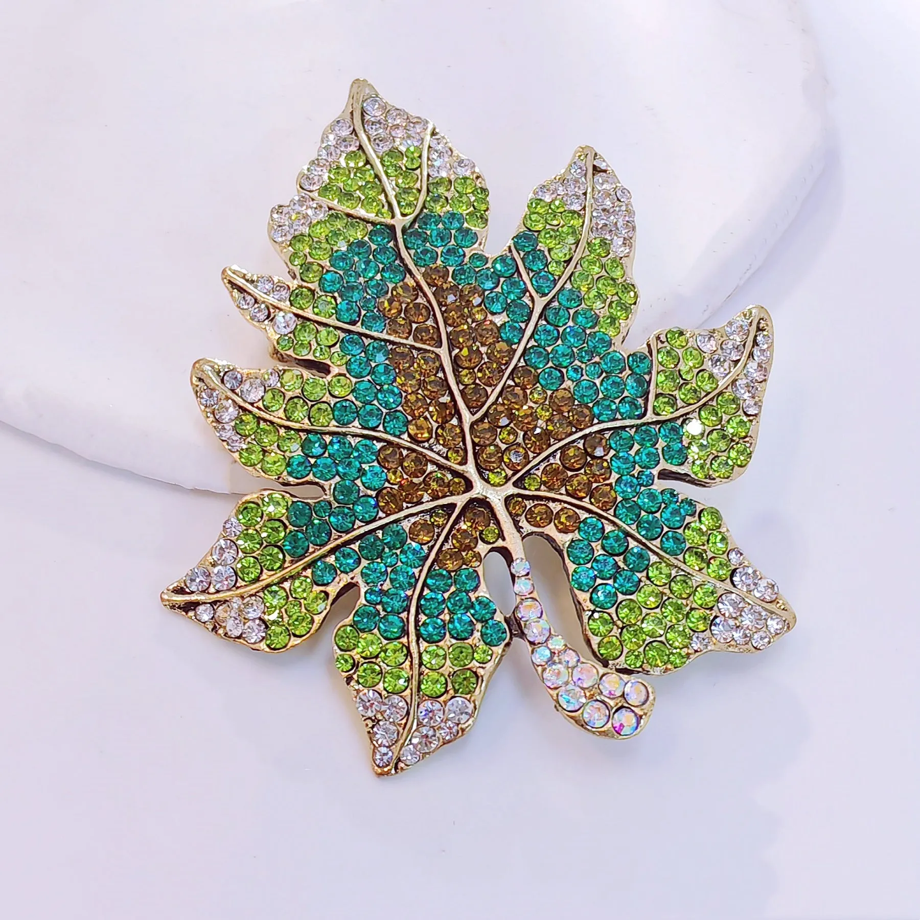 Sparkles Statement Oversize Green Crystal Leaf Brooch Pin Costume Jewelry