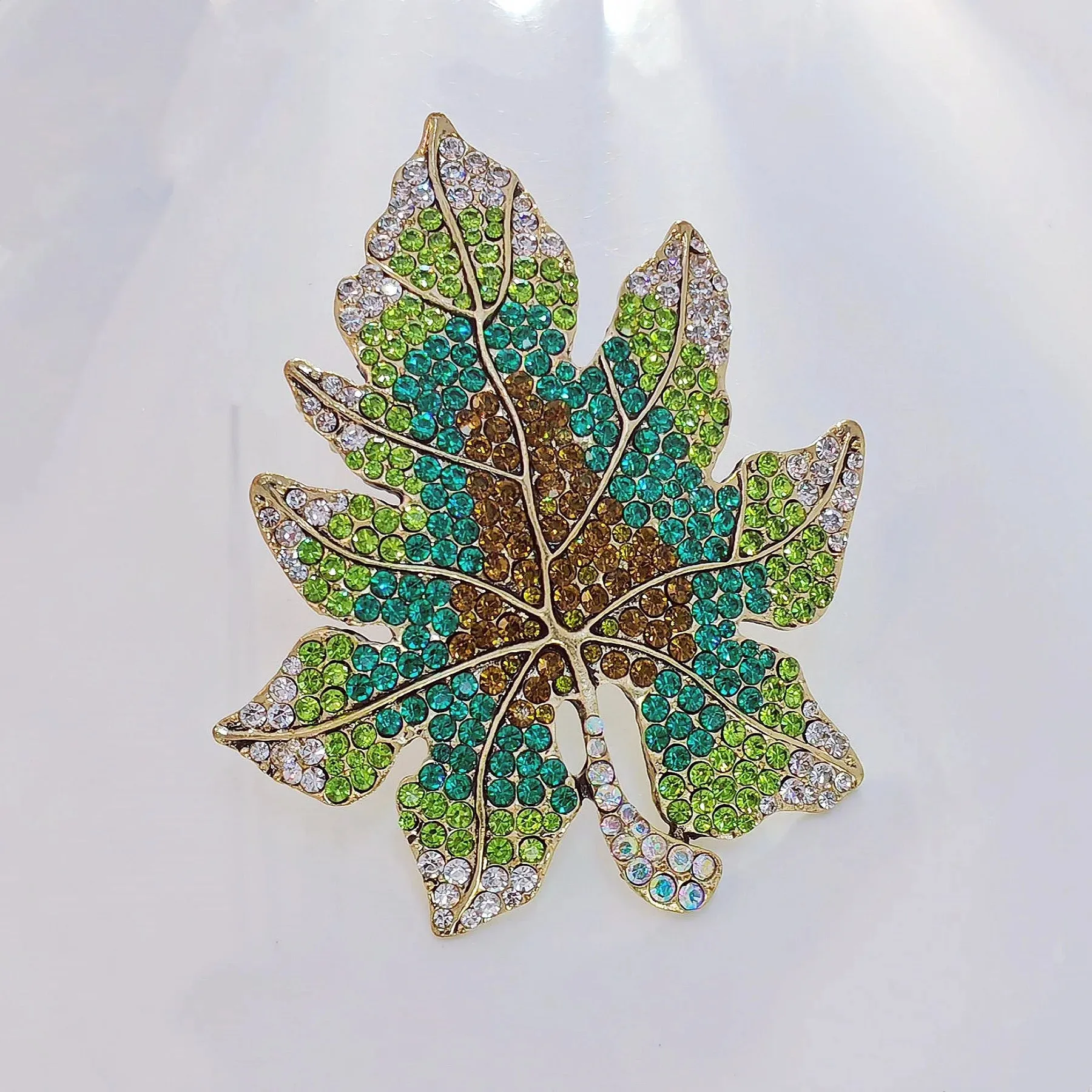Sparkles Statement Oversize Green Crystal Leaf Brooch Pin Costume Jewelry