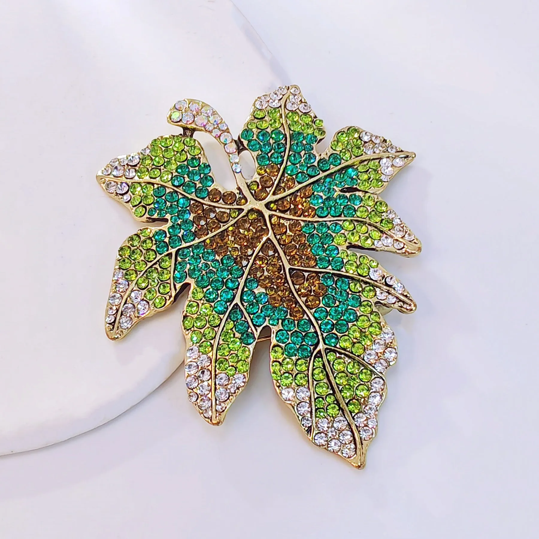 Sparkles Statement Oversize Green Crystal Leaf Brooch Pin Costume Jewelry