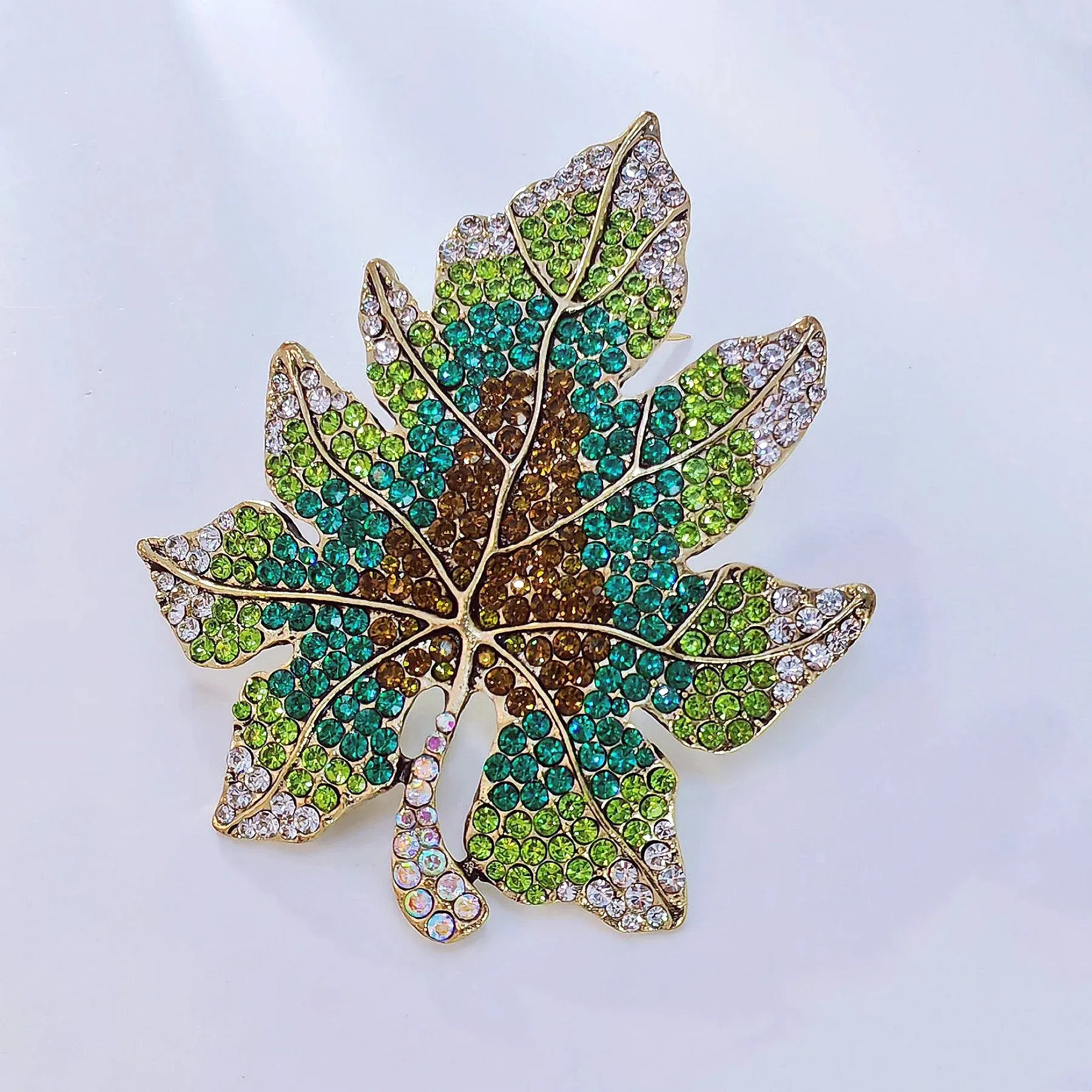 Sparkles Statement Oversize Green Crystal Leaf Brooch Pin Costume Jewelry