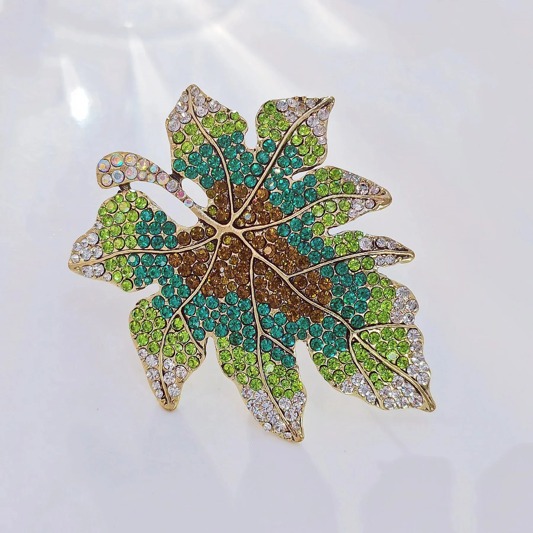 Sparkles Statement Oversize Green Crystal Leaf Brooch Pin Costume Jewelry