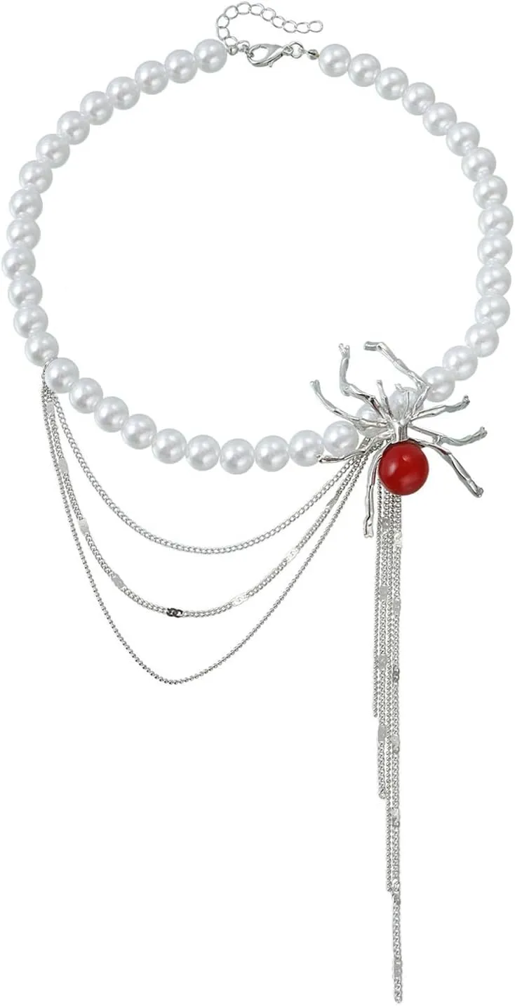 Spider Statement Necklace for Women Whimsy Goth Pearl Choker Gothic Stacking Necklaces Chrome Western Necklaces for Women Layered Grunge Emo Heart y2k Red Spider Chain