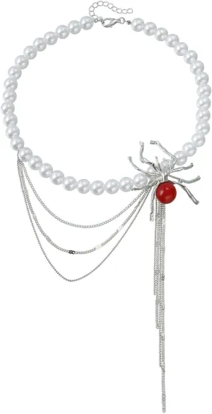 Spider Statement Necklace for Women Whimsy Goth Pearl Choker Gothic Stacking Necklaces Chrome Western Necklaces for Women Layered Grunge Emo Heart y2k Red Spider Chain