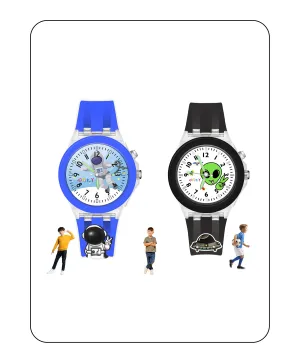 Spiky 3D Astronaut & Spaceship Cartoon Analog Light Watch Combo - Black & Blue