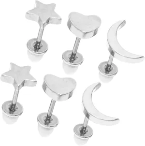 Stainless Steel Ear Studs Set Minimalist Moon Star Heart Earrings for Women Chic Punk Hip Hop Jewelry