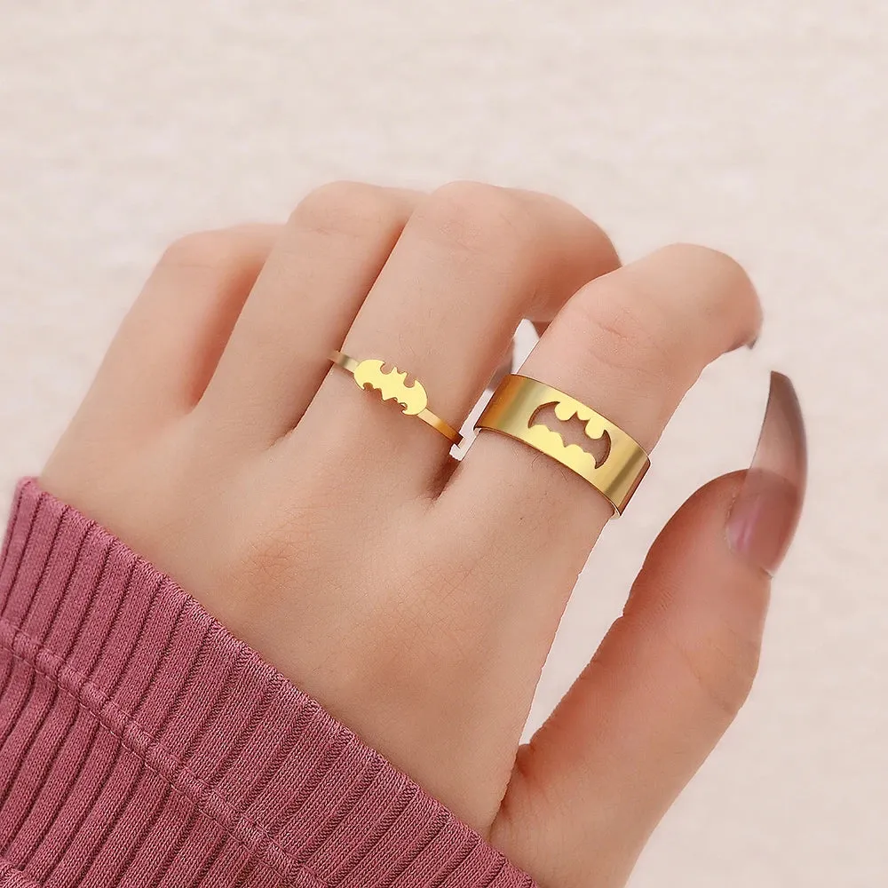 Stainless Steel Rings Gothic Hip Hop Punk Bat Adjustable Couple Ring Gift 2Pcs/set