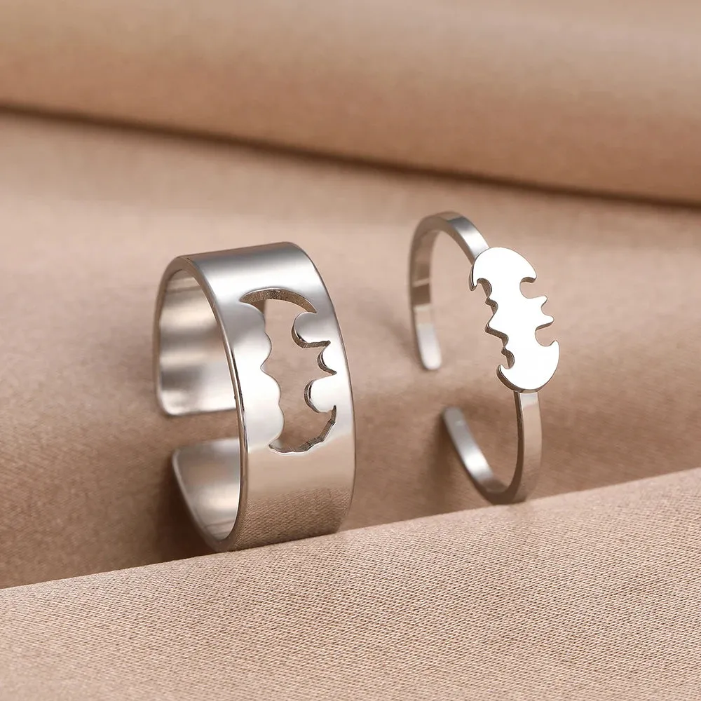 Stainless Steel Rings Gothic Hip Hop Punk Bat Adjustable Couple Ring Gift 2Pcs/set
