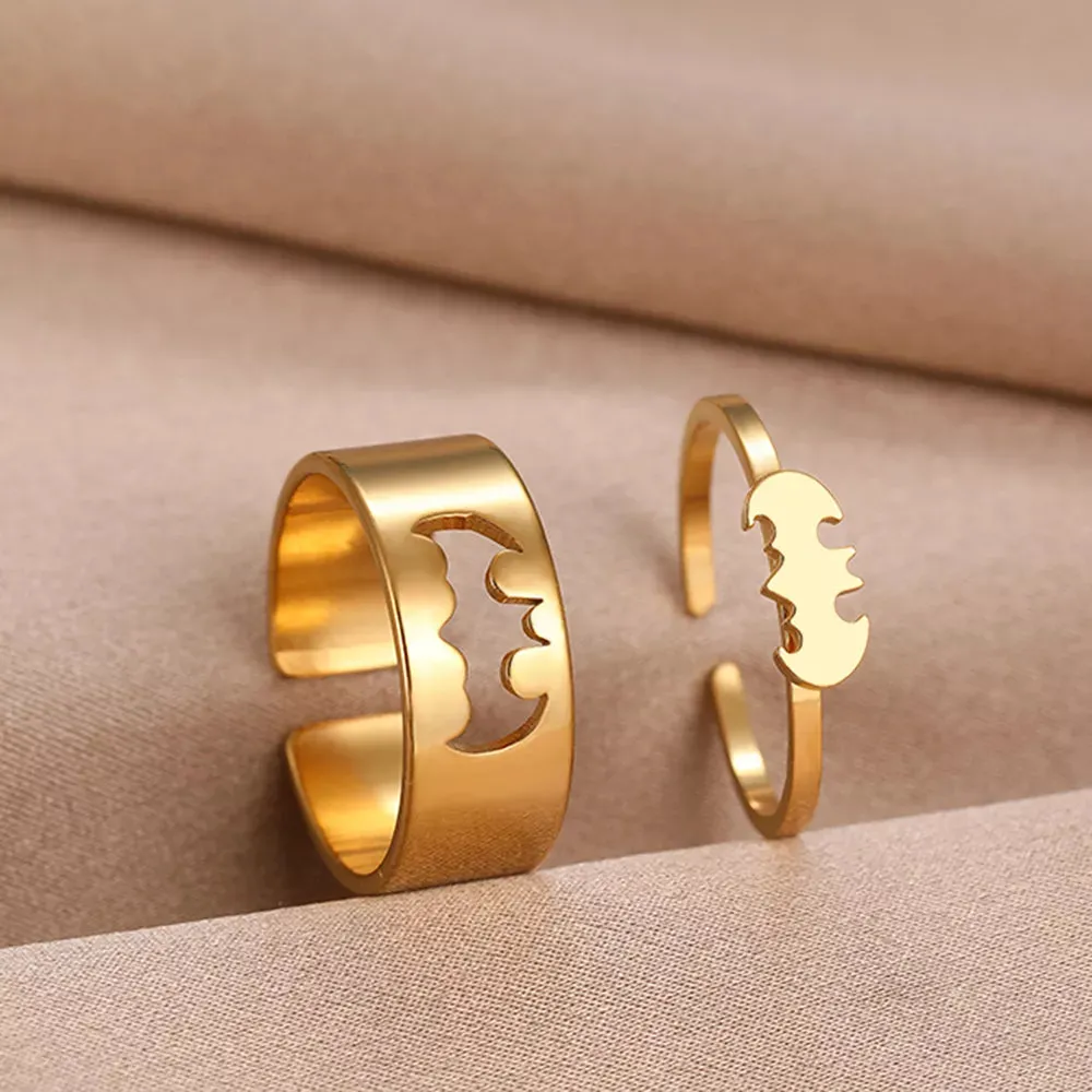 Stainless Steel Rings Gothic Hip Hop Punk Bat Adjustable Couple Ring Gift 2Pcs/set