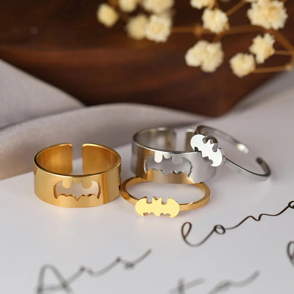 Stainless Steel Rings Gothic Hip Hop Punk Bat Adjustable Couple Ring Gift 2Pcs/set