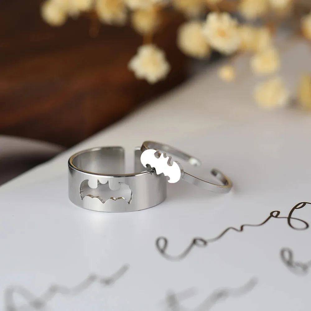 Stainless Steel Rings Gothic Hip Hop Punk Bat Adjustable Couple Ring Gift 2Pcs/set