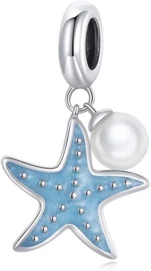 Starfish & Shell Beads Pendant 925 Silver Charm Tortoise Charm Mermaid Beads Shell Charm Lucky Sea Turtle Dangle for Bracelets (Blue Starfish & Pearl)