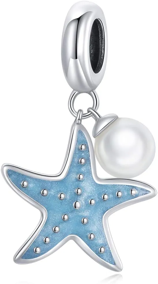 Starfish & Shell Beads Pendant 925 Silver Charm Tortoise Charm Mermaid Beads Shell Charm Lucky Sea Turtle Dangle for Bracelets (Blue Starfish & Pearl)