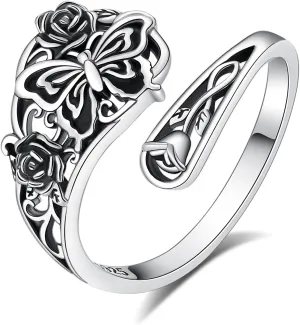 Sterling Silver Dragonfly Spoon Rings For Women Vintage Rose Flower Rings Victorian Adjustable Open Thumb Rings Jewelry