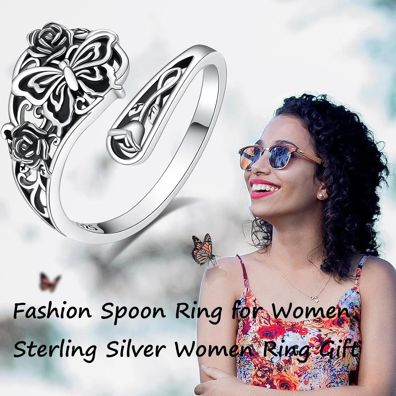 Sterling Silver Dragonfly Spoon Rings For Women Vintage Rose Flower Rings Victorian Adjustable Open Thumb Rings Jewelry