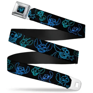 Stitch Pose Full Color Black Neon Blue Seatbelt Belt - Electric Stitch Poses Black/Neon Blue Webbing