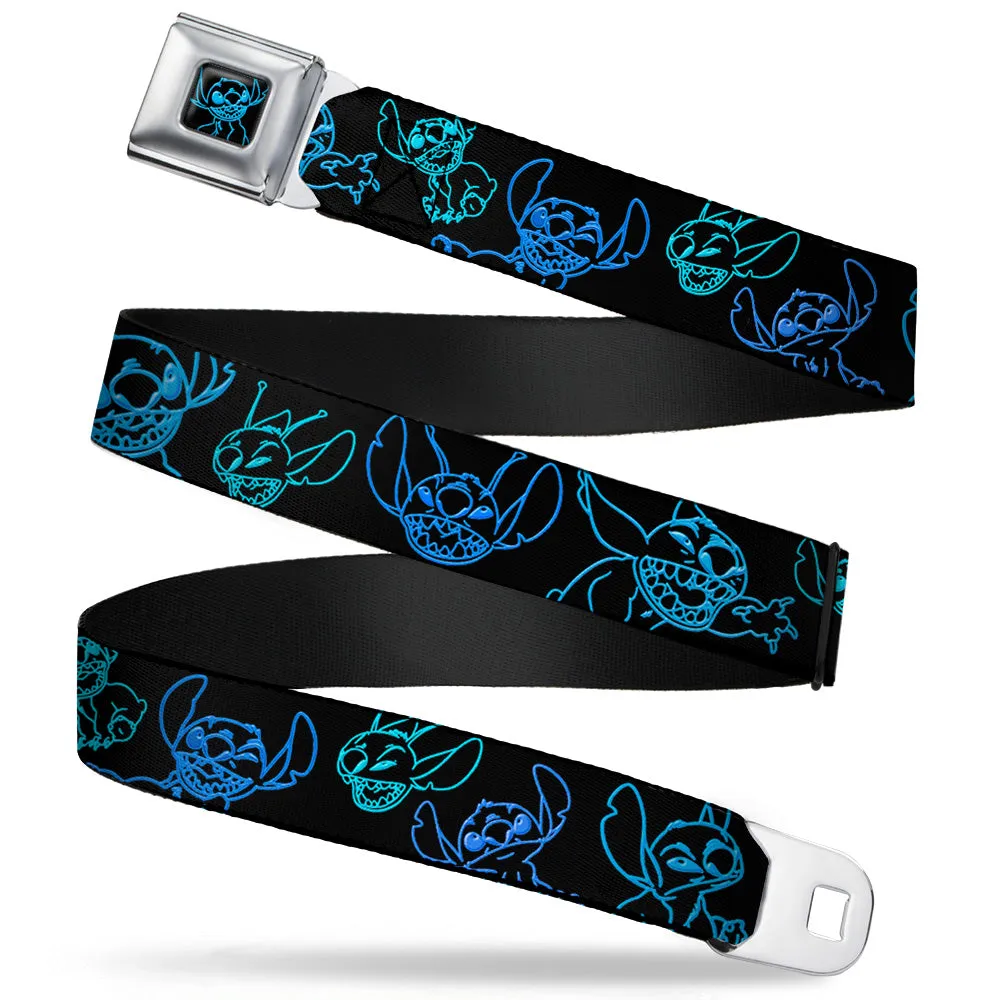 Stitch Pose Full Color Black Neon Blue Seatbelt Belt - Electric Stitch Poses Black/Neon Blue Webbing