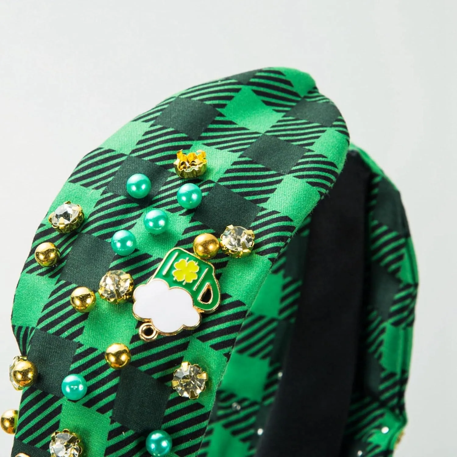St.Patrick's Day Headband for Women Green Hairpin, Trendy Printed Plaid Fabric Headband, Jeweled Rhinestone Crystal Knotted Printed Headband, (D)