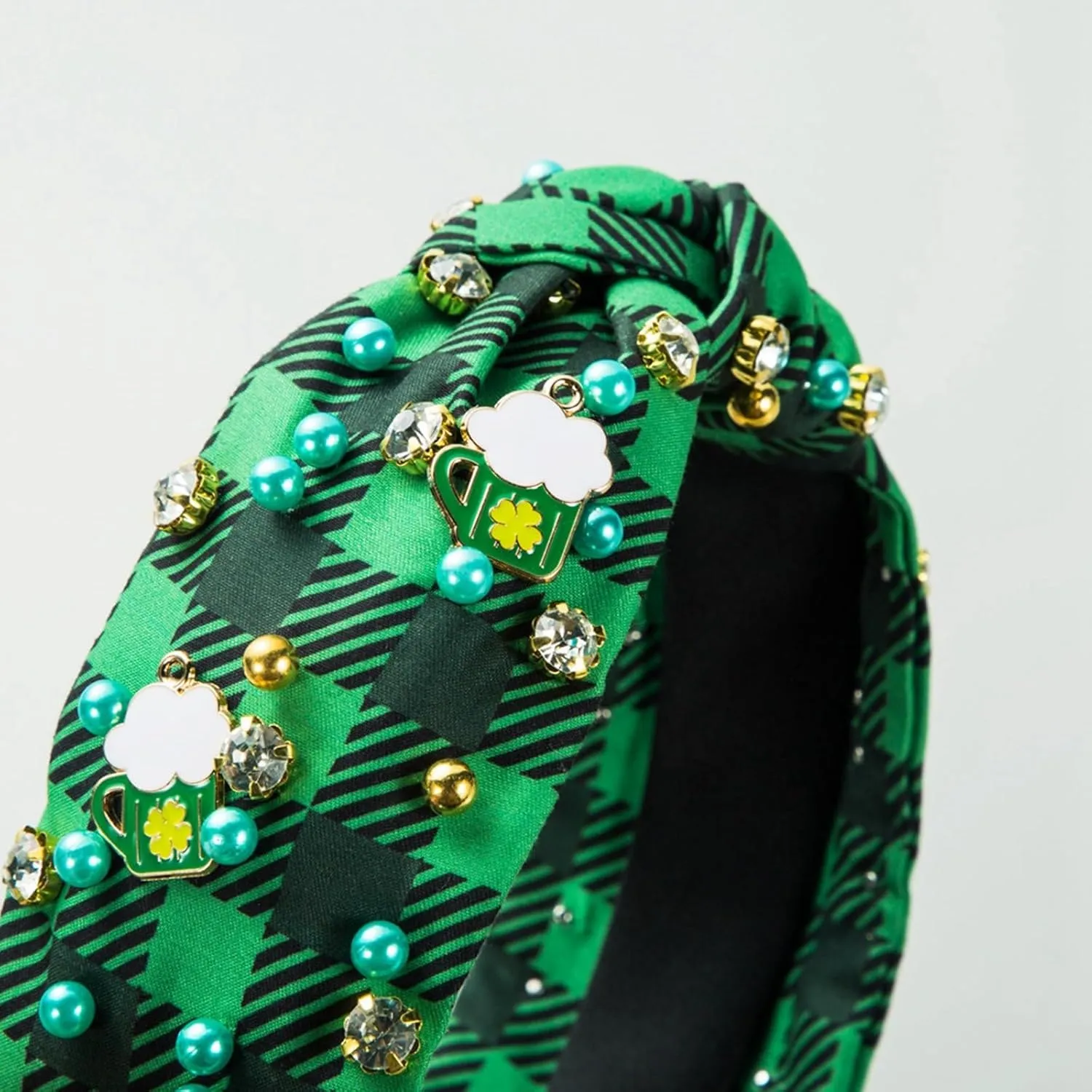 St.Patrick's Day Headband for Women Green Hairpin, Trendy Printed Plaid Fabric Headband, Jeweled Rhinestone Crystal Knotted Printed Headband, (D)
