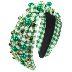St.Patrick's Day Headband for Women Green Hairpin, Trendy Printed Plaid Fabric Headband, Jeweled Rhinestone Crystal Knotted Printed Headband, (D)