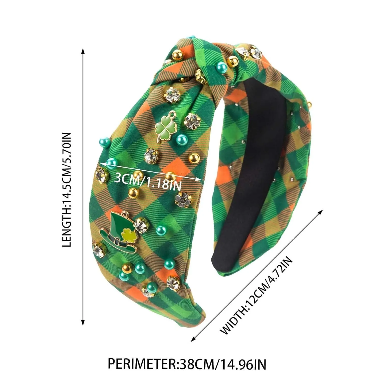 St.Patrick's Day Headband for Women Green Hairpin, Trendy Printed Plaid Fabric Headband, Jeweled Rhinestone Crystal Knotted Printed Headband, (D)