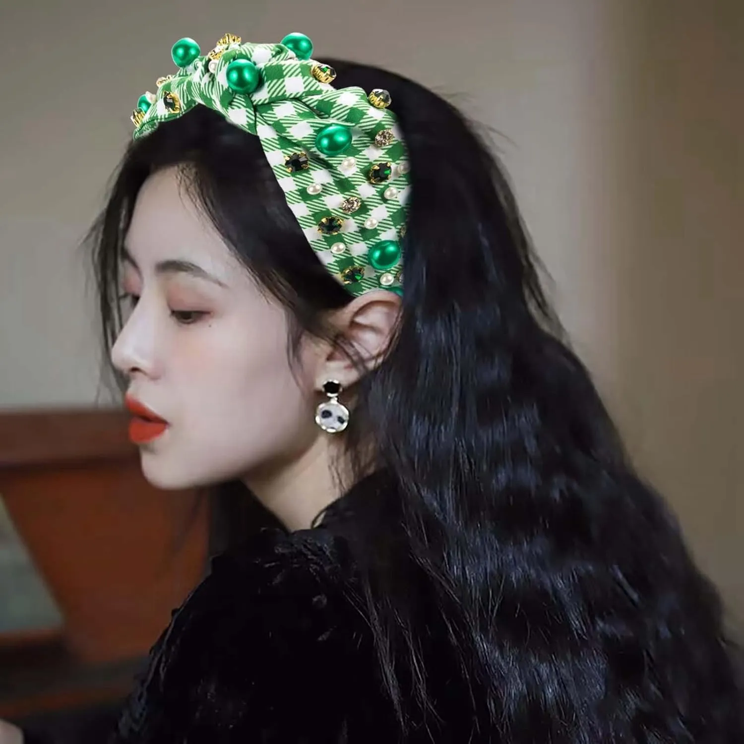 St.Patrick's Day Headband for Women Green Hairpin, Trendy Printed Plaid Fabric Headband, Jeweled Rhinestone Crystal Knotted Printed Headband, (D)
