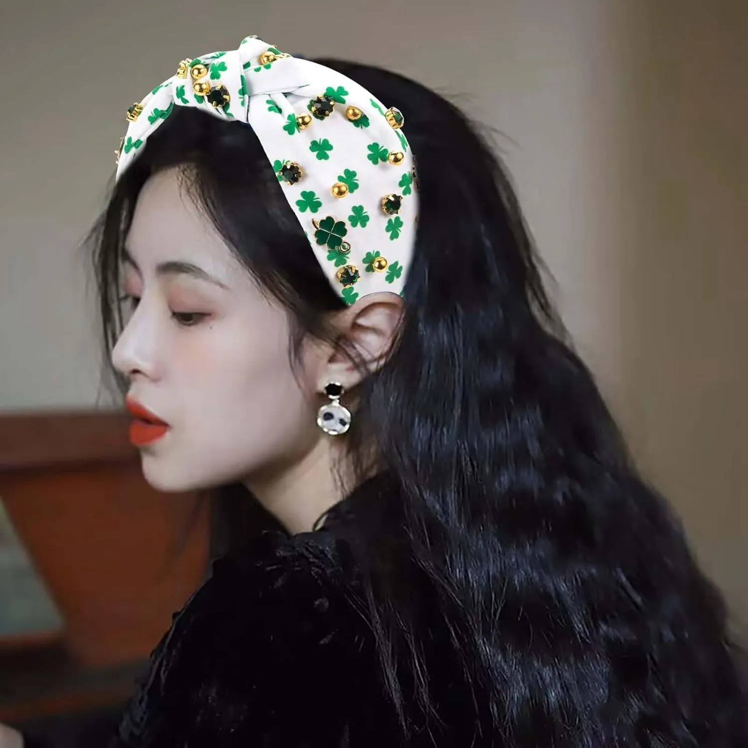 St.Patrick's Day Headband for Women Green Hairpin, Trendy Printed Plaid Fabric Headband, Jeweled Rhinestone Crystal Knotted Printed Headband, (D)