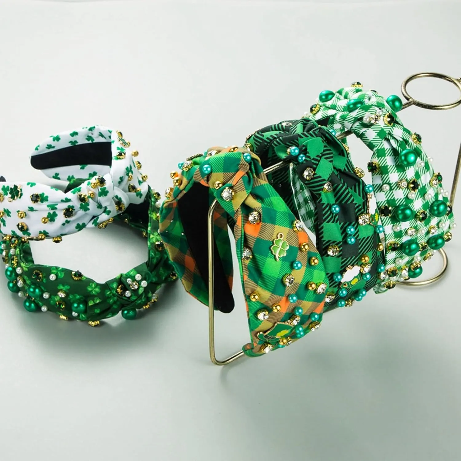 St.Patrick's Day Headband for Women Green Hairpin, Trendy Printed Plaid Fabric Headband, Jeweled Rhinestone Crystal Knotted Printed Headband, (D)