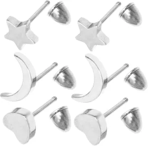 Stylish Heart Shaped Star Moon Earrings Stainless Steel Minimalist Studs for Women Men Punk Hip Hop Ear Piercing