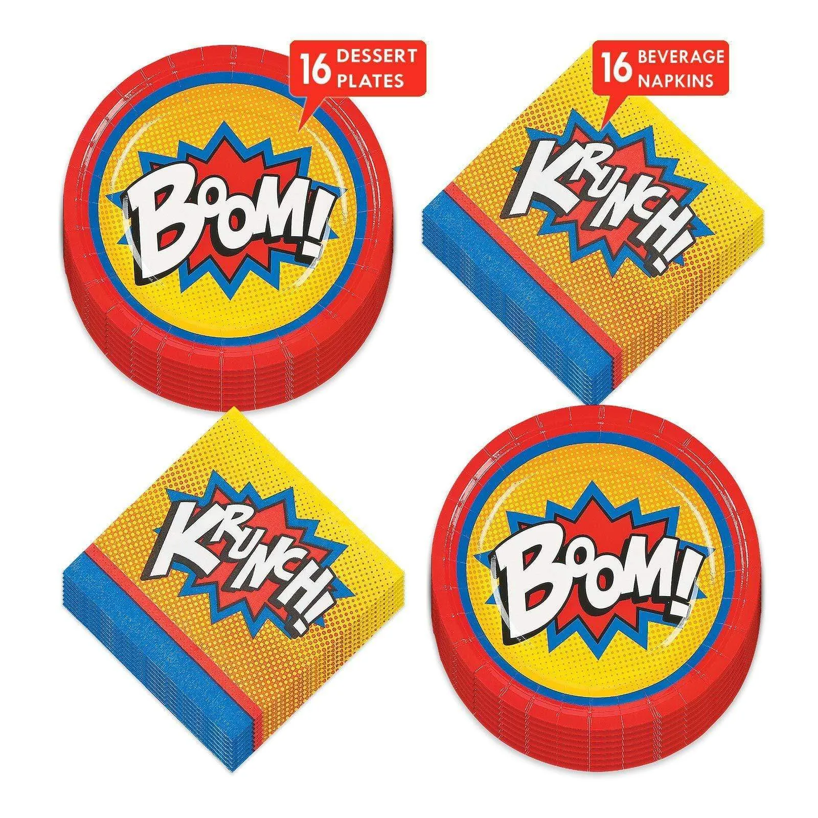 Superhero Action Paper Dessert Plates and Beverage Napkins (Serves 16)
