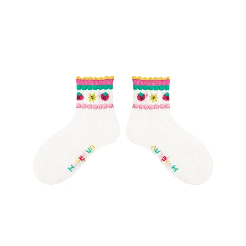 Sweetnana 4-Pack Cute Trendy Ankle Socks: Cuff Crimping Design with Cartoon Pattern, Thin Breathable Seamless Socks for Spring/Summer.