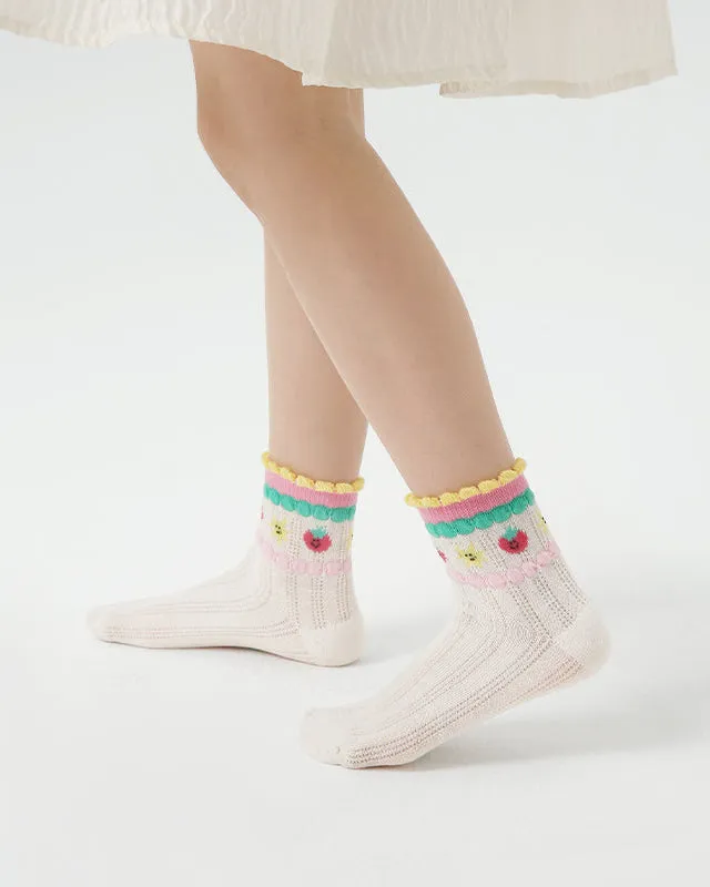 Sweetnana 4-Pack Cute Trendy Ankle Socks: Cuff Crimping Design with Cartoon Pattern, Thin Breathable Seamless Socks for Spring/Summer.