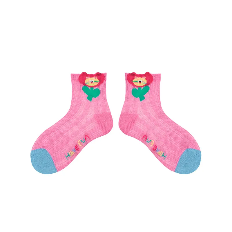 Sweetnana 4-Pack Cute Trendy Ankle Socks: Cuff Crimping Design with Cartoon Pattern, Thin Breathable Seamless Socks for Spring/Summer.