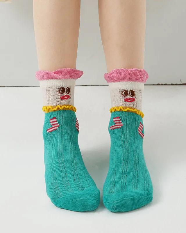 Sweetnana 4-Pack Cute Trendy Ankle Socks: Cuff Crimping Design with Cartoon Pattern, Thin Breathable Seamless Socks for Spring/Summer.