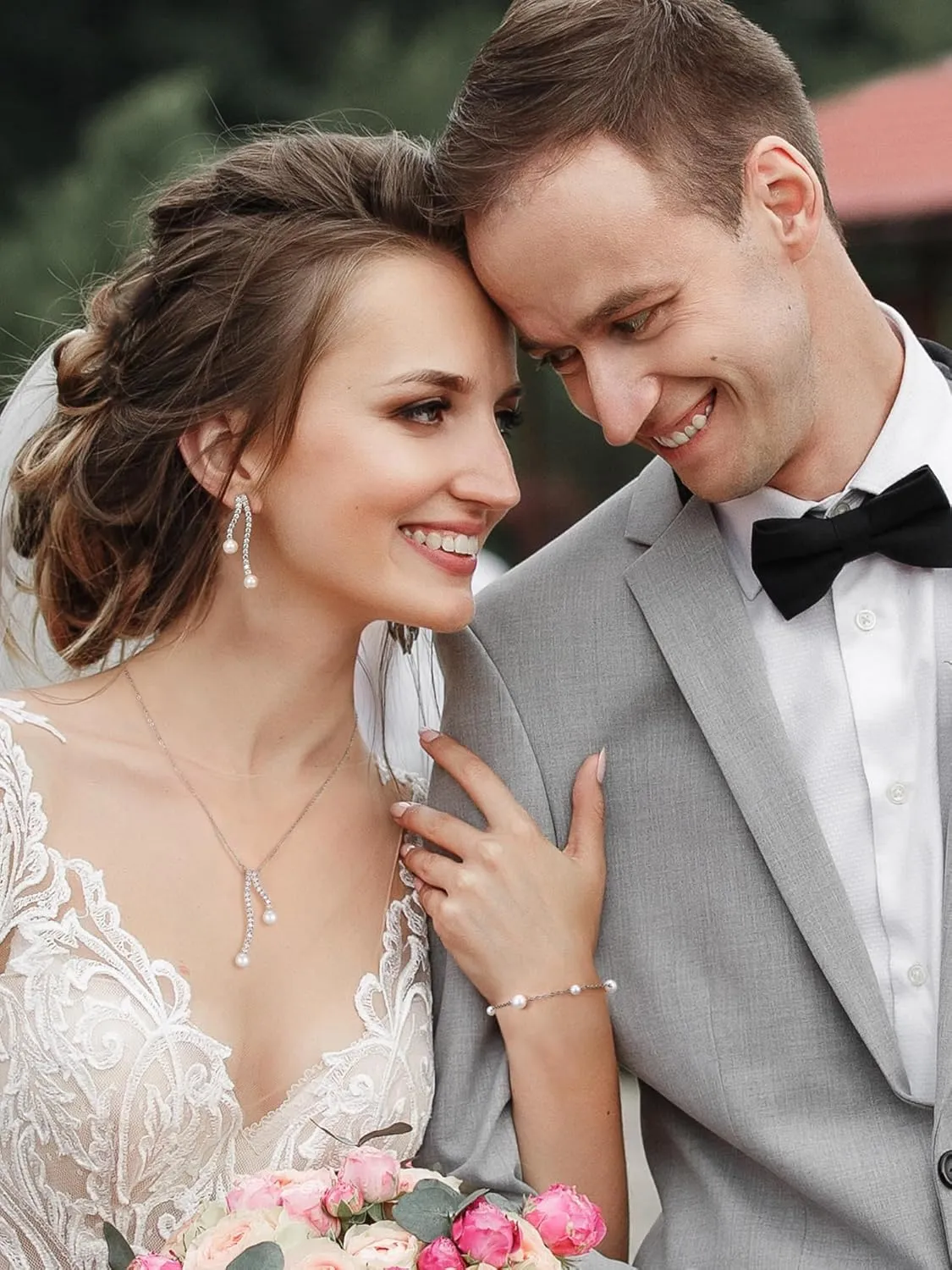 SWEETV Pearl Bridal Jewelry Set for Wedding, Bow Necklace and Earring Sets for Women Bridal Bridesmaid, Cubic Zirconia Silver Jewelry Set Wedding Prom Anniversary Jewelry Gifts