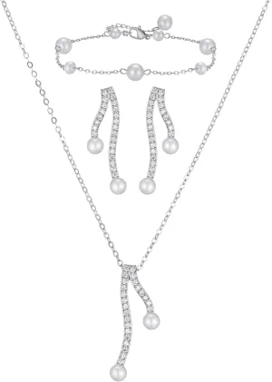 SWEETV Pearl Bridal Jewelry Set for Wedding, Bow Necklace and Earring Sets for Women Bridal Bridesmaid, Cubic Zirconia Silver Jewelry Set Wedding Prom Anniversary Jewelry Gifts