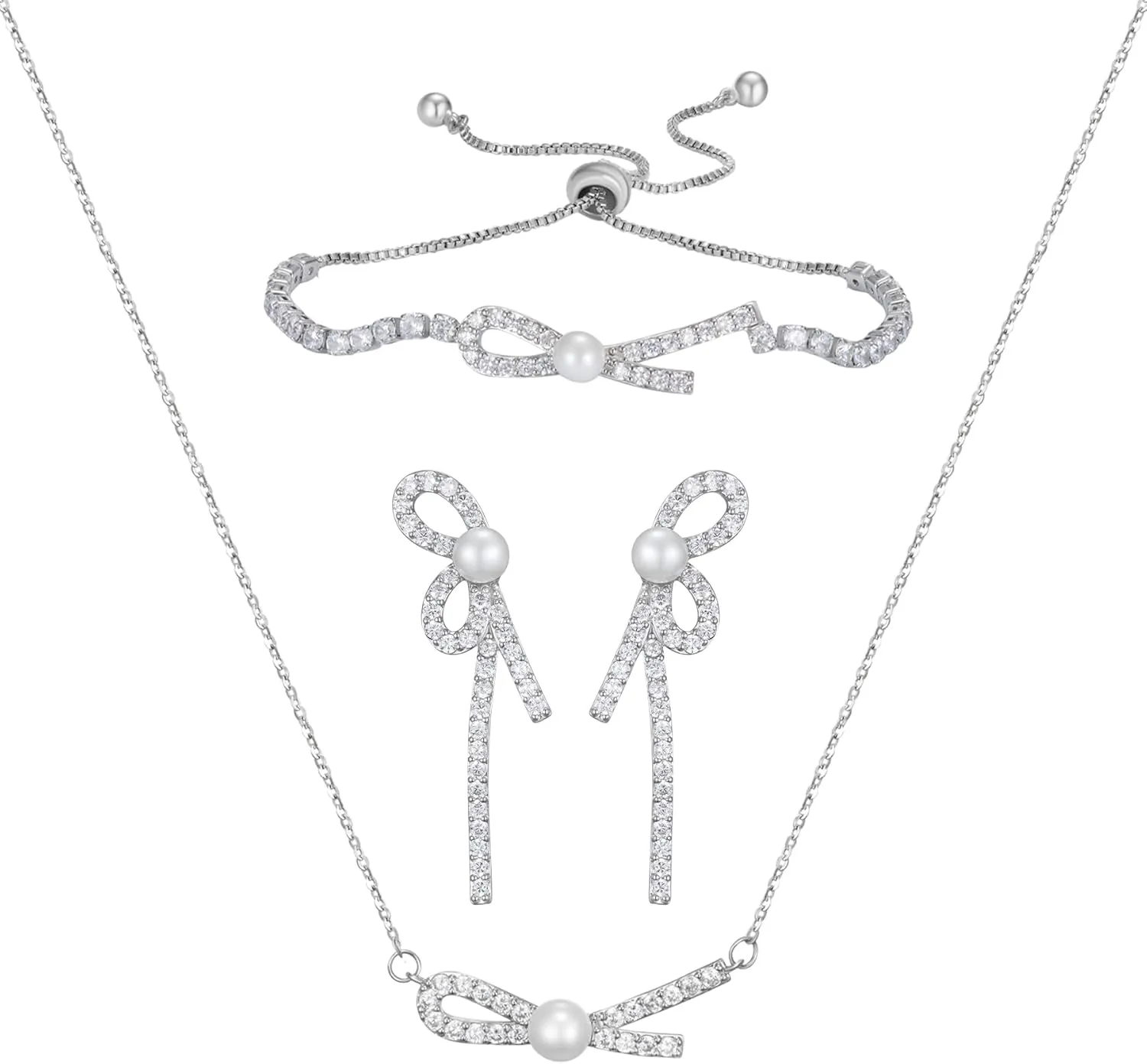 SWEETV Pearl Bridal Jewelry Set for Wedding, Bow Necklace and Earring Sets for Women Bridal Bridesmaid, Cubic Zirconia Silver Jewelry Set Wedding Prom Anniversary Jewelry Gifts