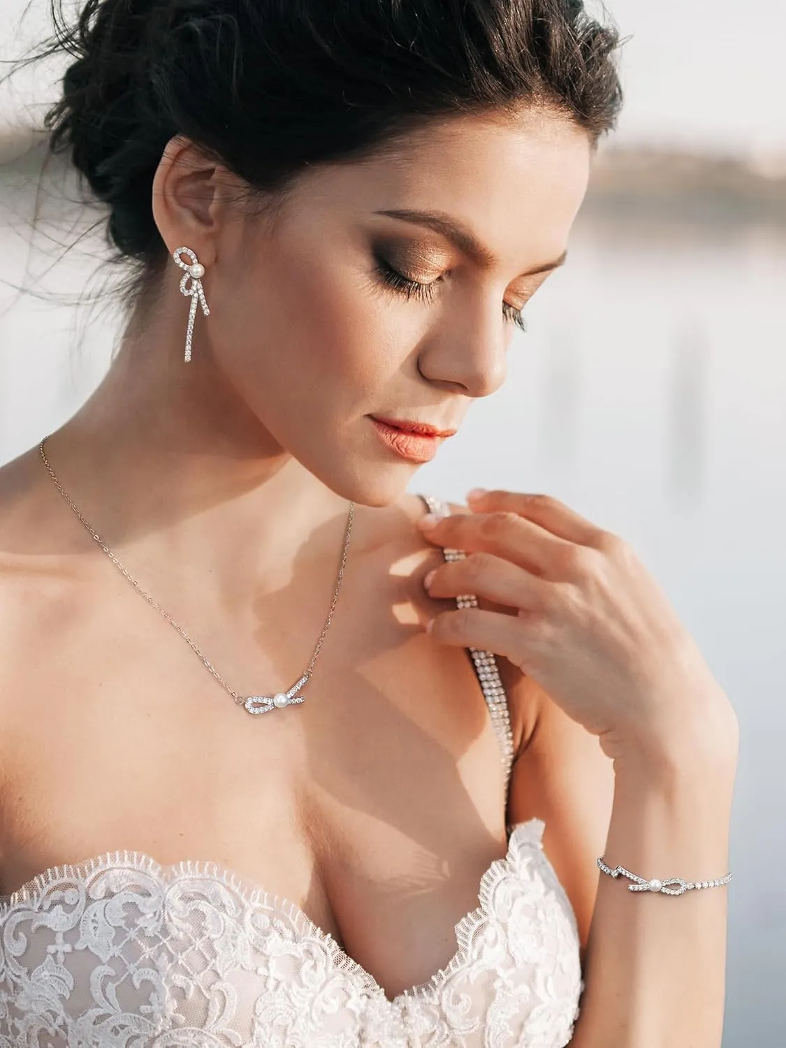 SWEETV Pearl Bridal Jewelry Set for Wedding, Bow Necklace and Earring Sets for Women Bridal Bridesmaid, Cubic Zirconia Silver Jewelry Set Wedding Prom Anniversary Jewelry Gifts