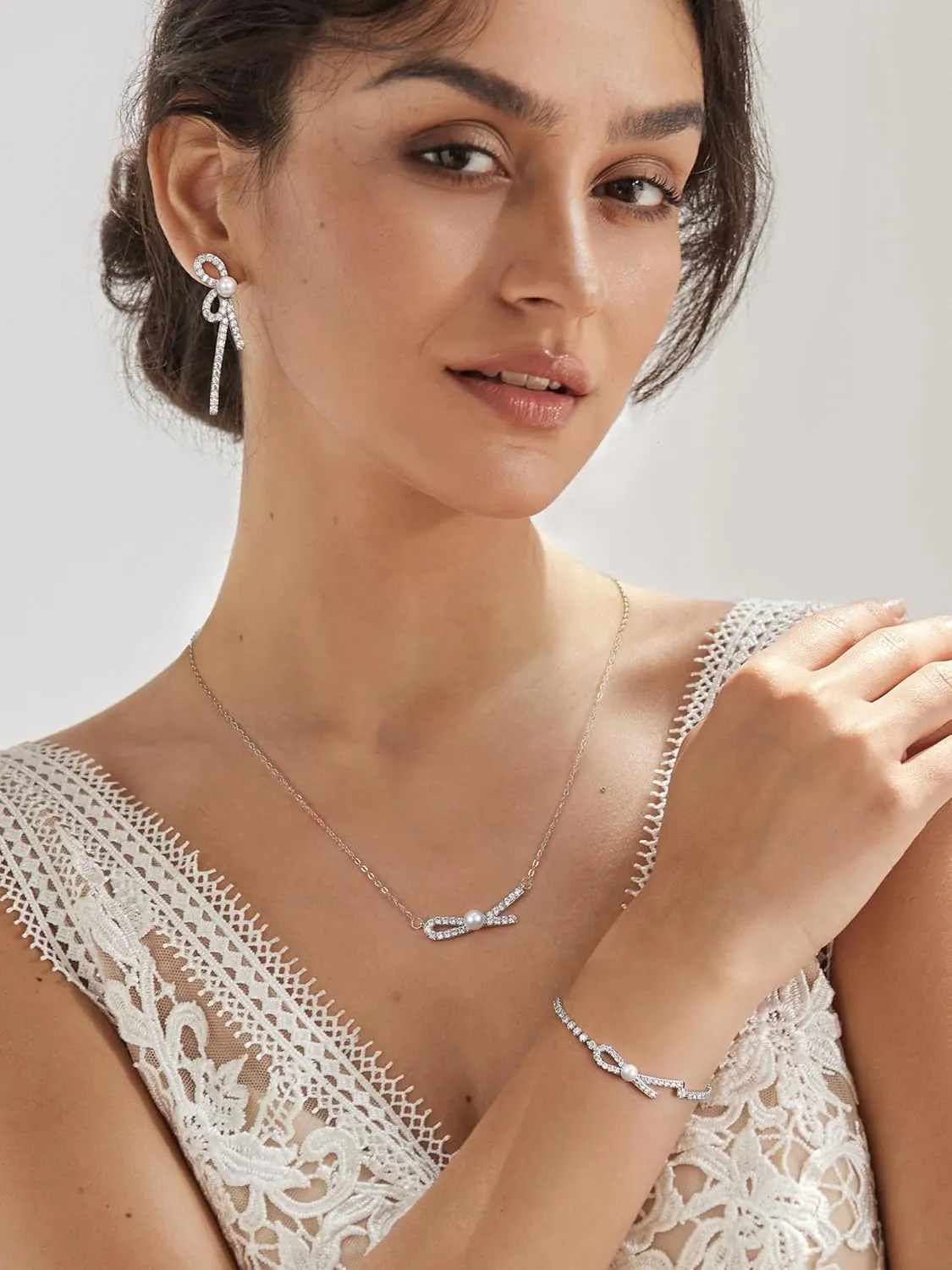 SWEETV Pearl Bridal Jewelry Set for Wedding, Bow Necklace and Earring Sets for Women Bridal Bridesmaid, Cubic Zirconia Silver Jewelry Set Wedding Prom Anniversary Jewelry Gifts