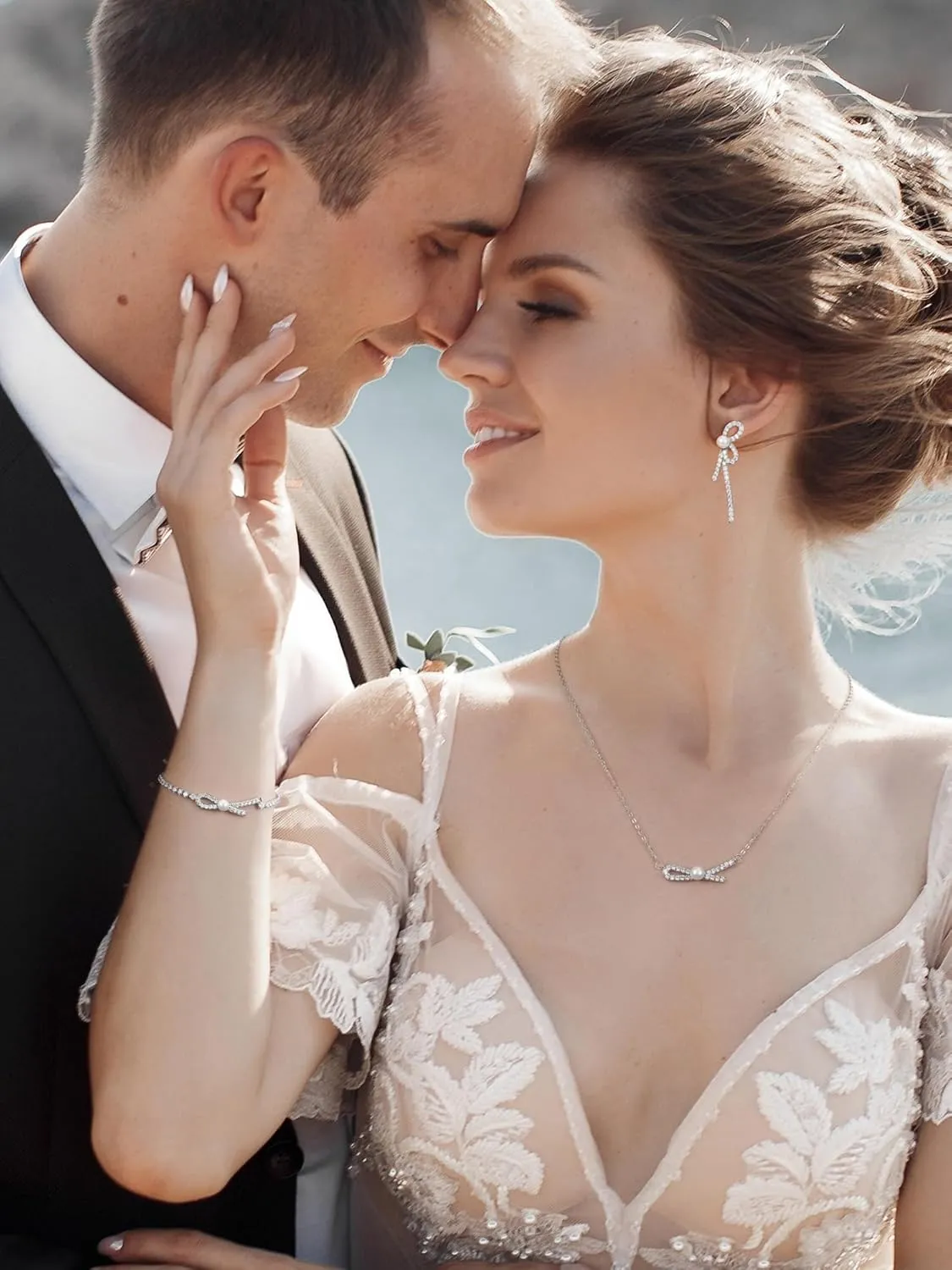 SWEETV Pearl Bridal Jewelry Set for Wedding, Bow Necklace and Earring Sets for Women Bridal Bridesmaid, Cubic Zirconia Silver Jewelry Set Wedding Prom Anniversary Jewelry Gifts