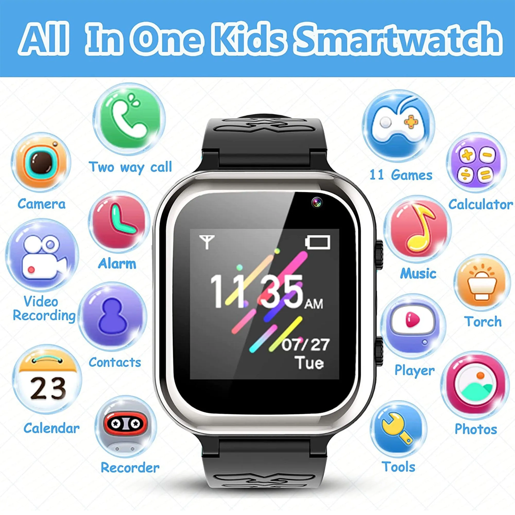 SZBXD Kids Smart Watch with SOS, Smartwatch Kids Phone Watch with 11 Games Pedometer Music Camera, Smart Watch for Kids Boys Girls 4-12 Years,Birthday Gifts for Children(Black)